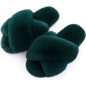Women's Fuzzy Slippers Cross Band Green Memory Foam House Slippers Open Toe
